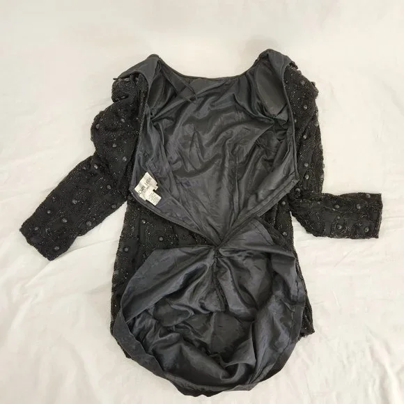 Vintage JOAN LESLIE Hollywood-Fairy-Tale Beaded Black Silk Sheath Dress Size 10. - Picture 12 of 16